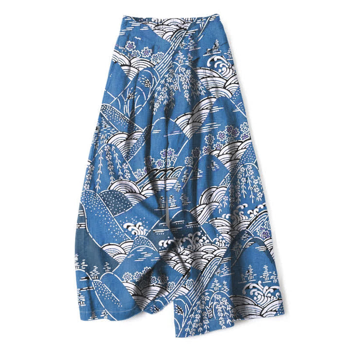 Buddha Stones Cotton Linen Japanese Wave Pattern Women's Elastic Waist Wide Leg Pants With Pockets - CornflowerBlue - US16，UK/AU20，EU48 (3XL) - image 6