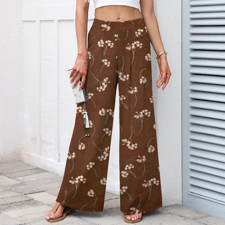Buddha Stones Cotton Linen Floral Bouquet Pattern Women's Elastic Waist Wide Leg Pants With Pockets - image 1