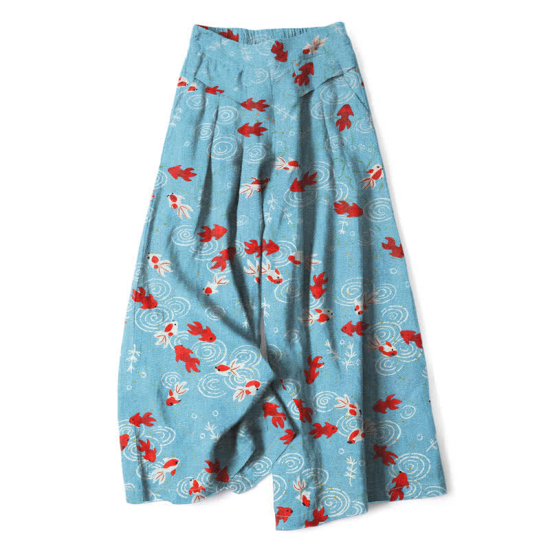 Buddha Stones Cotton Linen Koi Fish Pattern Women's Elastic Waist Wide Leg Pants With Pockets - LightSkyBlue - US16，UK/AU20，EU48 (3XL) - image 0