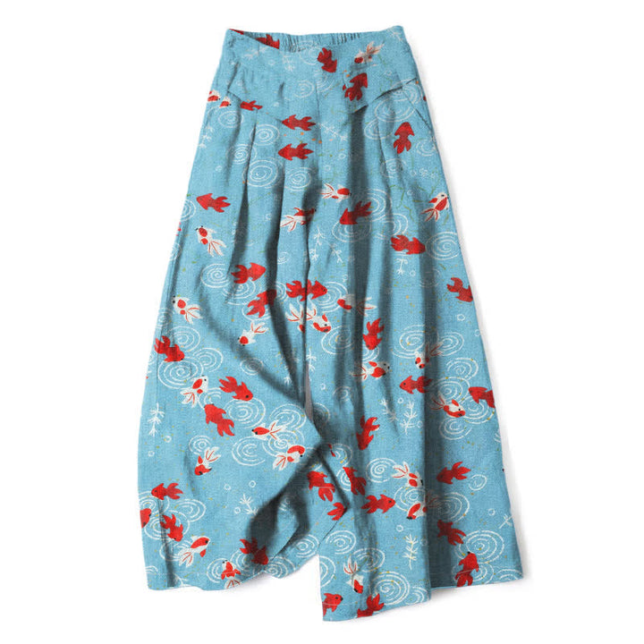 Buddha Stones Cotton Linen Koi Fish Pattern Women's Elastic Waist Wide Leg Pants With Pockets - LightSkyBlue - US16，UK/AU20，EU48 (3XL) - image 0