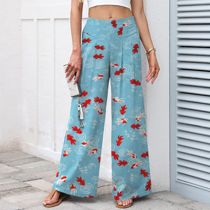 Buddha Stones Cotton Linen Koi Fish Pattern Women's Elastic Waist Wide Leg Pants With Pockets - image 1