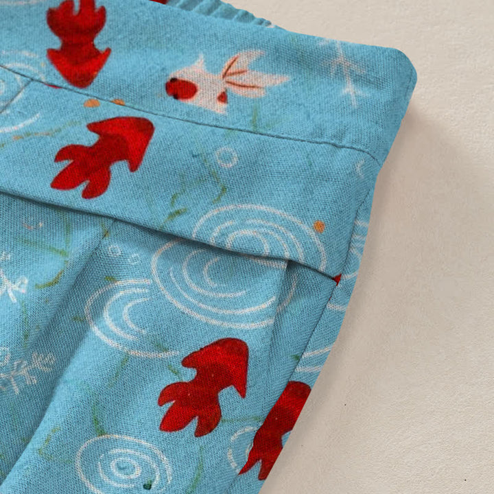 Buddha Stones Cotton Linen Koi Fish Pattern Women's Elastic Waist Wide Leg Pants With Pockets - image 2