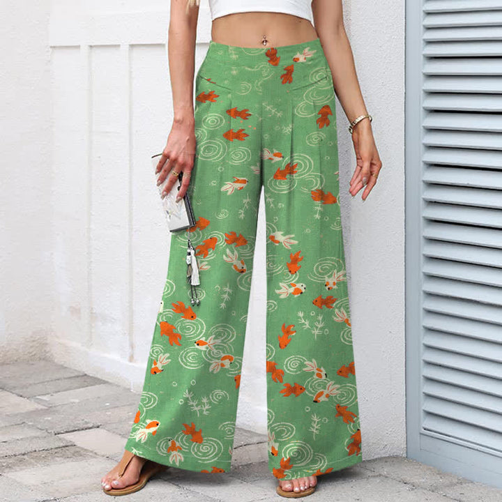 Buddha Stones Cotton Linen Koi Fish Pattern Women's Elastic Waist Wide Leg Pants With Pockets - image 5