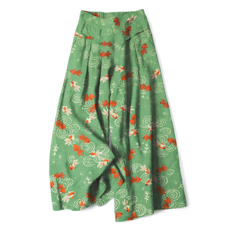 Buddha Stones Cotton Linen Koi Fish Pattern Women's Elastic Waist Wide Leg Pants With Pockets - LimeGreen - US16，UK/AU20，EU48 (3XL) - image 4