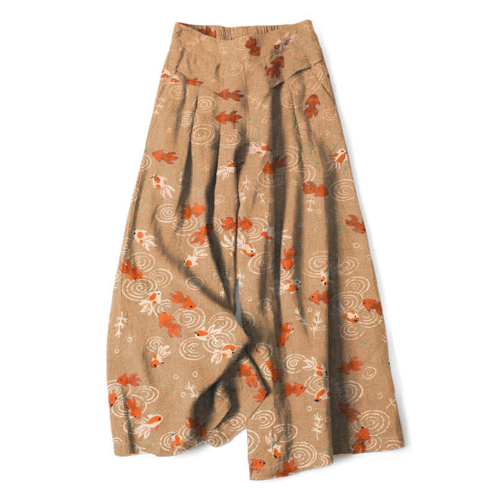 Buddha Stones Cotton Linen Koi Fish Pattern Women's Elastic Waist Wide Leg Pants With Pockets - BurlyWood - US16，UK/AU20，EU48 (3XL) - image 6