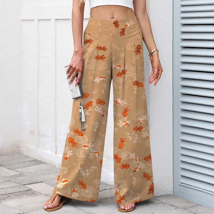 Buddha Stones Cotton Linen Koi Fish Pattern Women's Elastic Waist Wide Leg Pants With Pockets - image 7