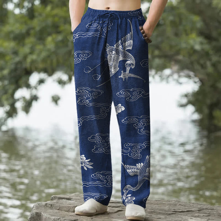 Buddha Stones Cotton White Crane Auspicious Cloud Pattern Men's Tapered Pants With Pockets - Navy - US/UK/AU50，EU60 (5XL) - image 0