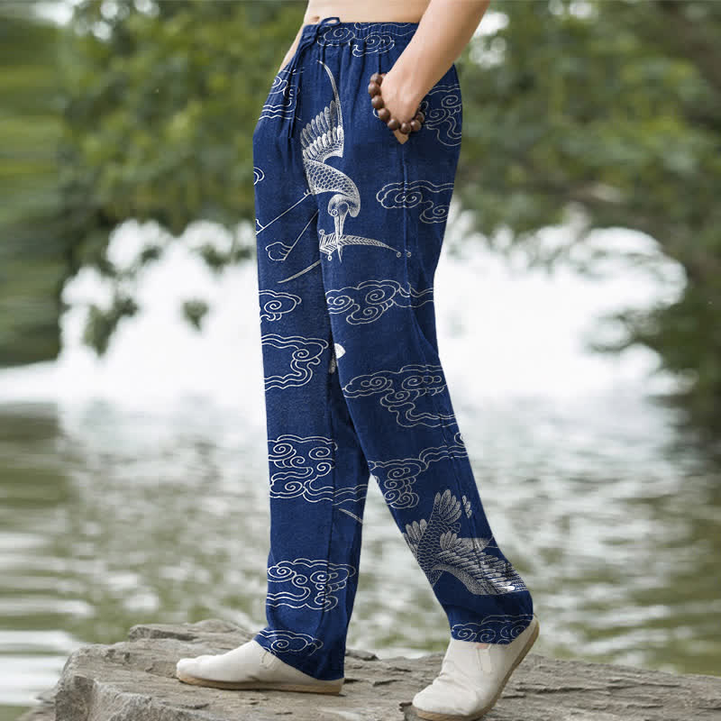 Buddha Stones Cotton White Crane Auspicious Cloud Pattern Men's Tapered Pants With Pockets - image 1