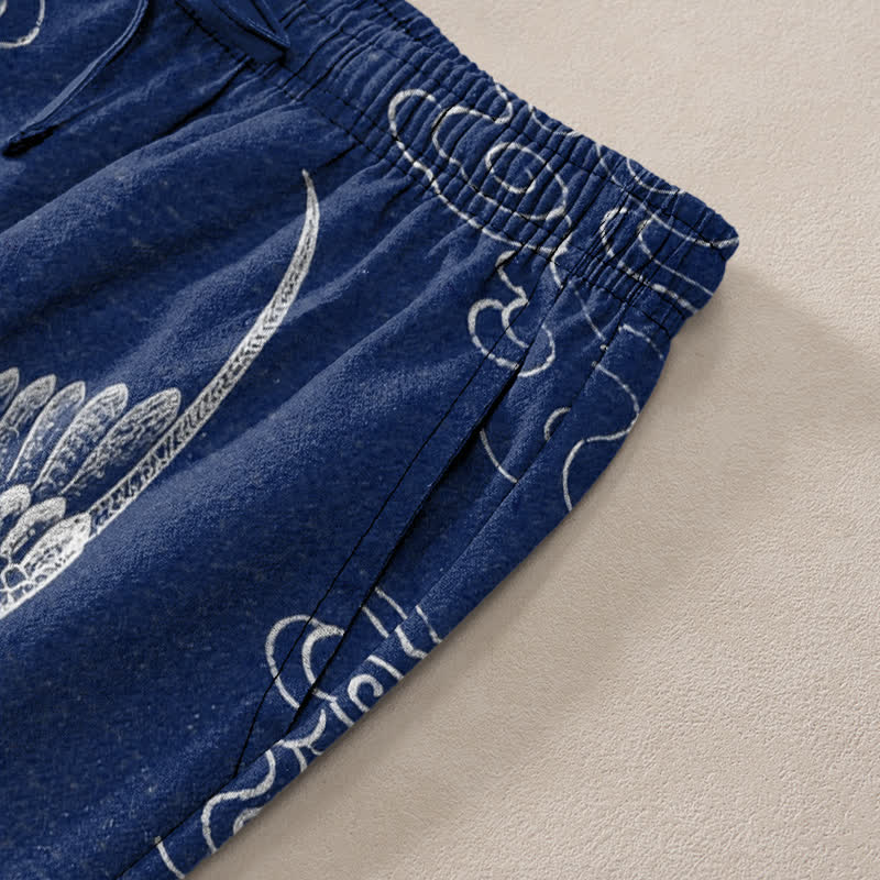 Buddha Stones Cotton White Crane Auspicious Cloud Pattern Men's Tapered Pants With Pockets - image 2