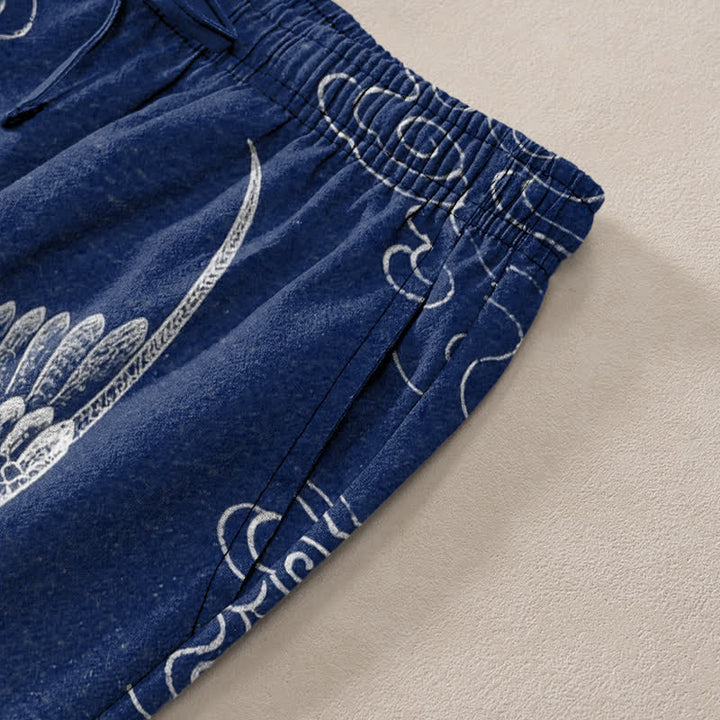 Buddha Stones Cotton White Crane Auspicious Cloud Pattern Men's Tapered Pants With Pockets - image 2