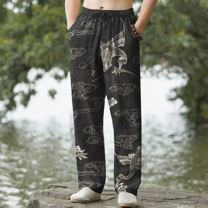 Buddha Stones Cotton White Crane Auspicious Cloud Pattern Men's Tapered Pants With Pockets - Black - US/UK/AU50，EU60 (5XL) - image 4