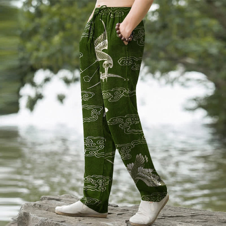 Buddha Stones Cotton White Crane Auspicious Cloud Pattern Men's Tapered Pants With Pockets - image 7