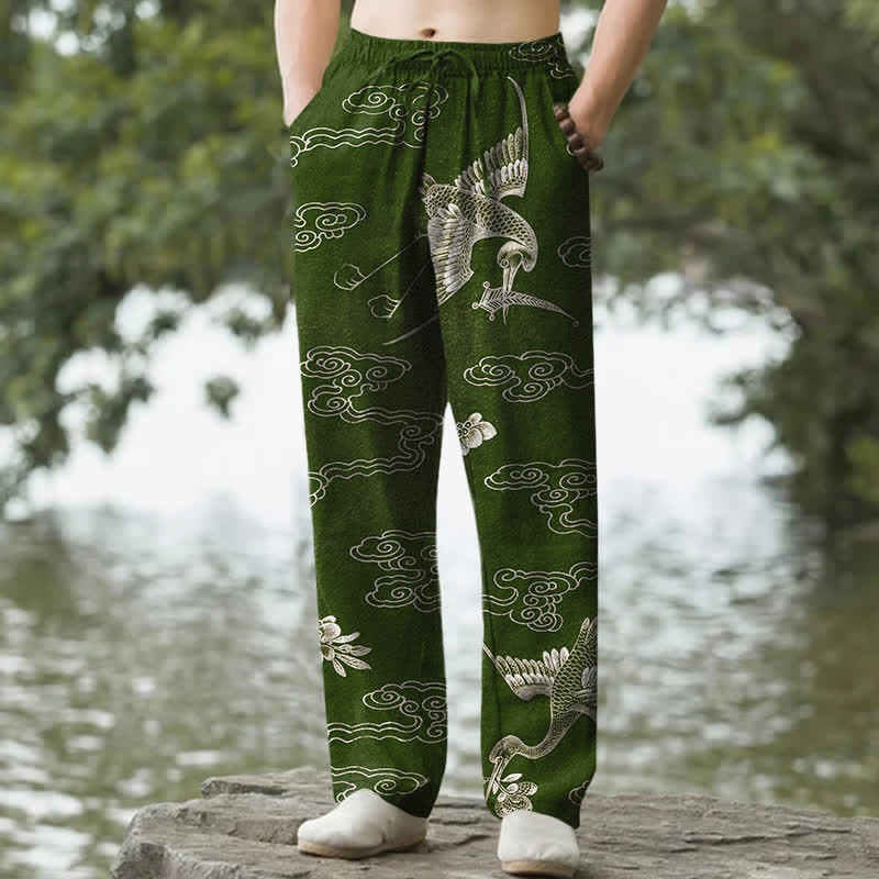 Buddha Stones Cotton White Crane Auspicious Cloud Pattern Men's Tapered Pants With Pockets - DarkOliveGreen - US/UK/AU50，EU60 (5XL) - image 6