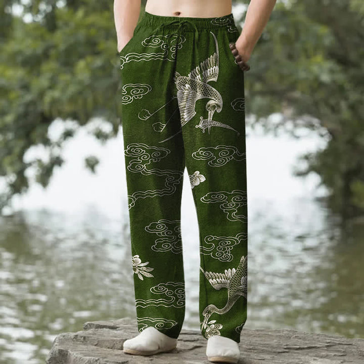Buddha Stones Cotton White Crane Auspicious Cloud Pattern Men's Tapered Pants With Pockets - DarkOliveGreen - US/UK/AU50，EU60 (5XL) - image 6
