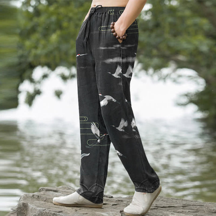 Buddha Stones Cotton White Crane Wave Pattern Men's Tapered Pants With Pockets - image 1