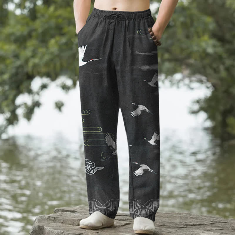 Buddha Stones Cotton White Crane Wave Pattern Men's Tapered Pants With Pockets - Black - US/UK/AU50，EU60 (5XL) - image 0