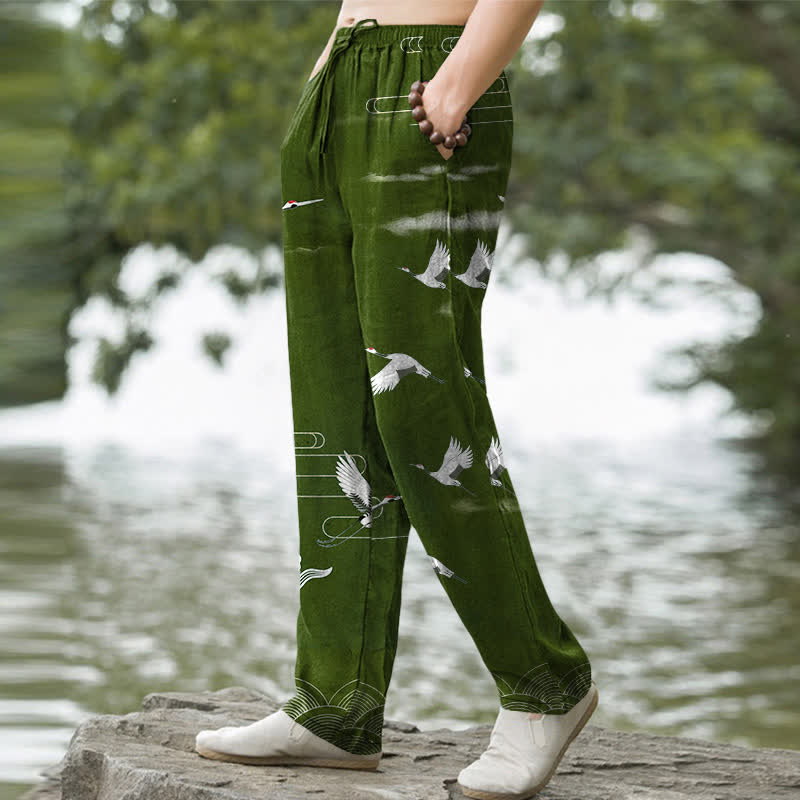 Buddha Stones Cotton White Crane Wave Pattern Men's Tapered Pants With Pockets - image 5