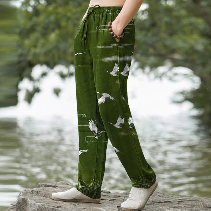 Buddha Stones Cotton White Crane Wave Pattern Men's Tapered Pants With Pockets - image 5