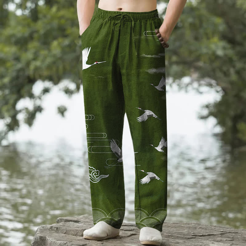 Buddha Stones Cotton White Crane Wave Pattern Men's Tapered Pants With Pockets - ForestGreen - US/UK/AU50，EU60 (5XL) - image 4