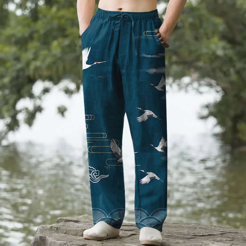 Buddha Stones Cotton White Crane Wave Pattern Men's Tapered Pants With Pockets - Teal - US/UK/AU50，EU60 (5XL) - image 6