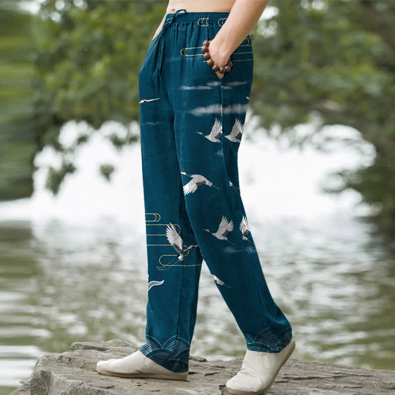 Buddha Stones Cotton White Crane Wave Pattern Men's Tapered Pants With Pockets - image 7