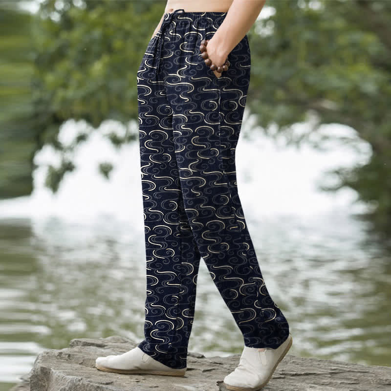 Buddha Stones Cotton White Wave Pattern Men's Tapered Pants With Pockets - image 1