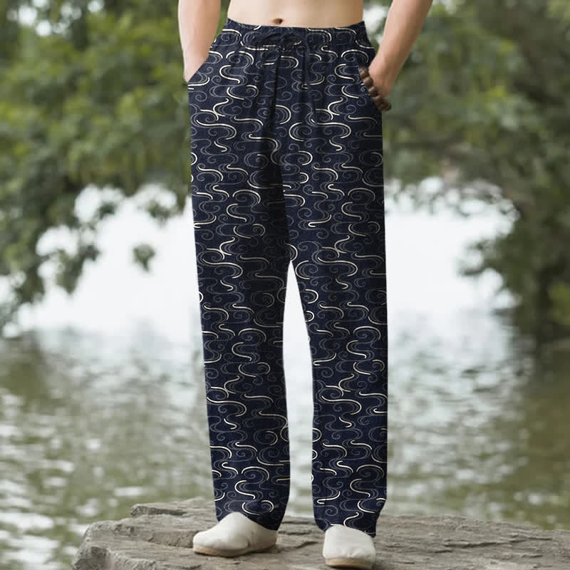 Buddha Stones Cotton White Wave Pattern Men's Tapered Pants With Pockets - Navy - US/UK/AU50，EU60 (5XL) - image 0