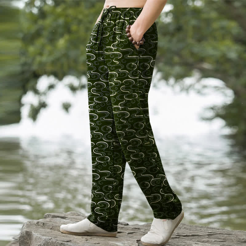 Buddha Stones Cotton White Wave Pattern Men's Tapered Pants With Pockets - image 5