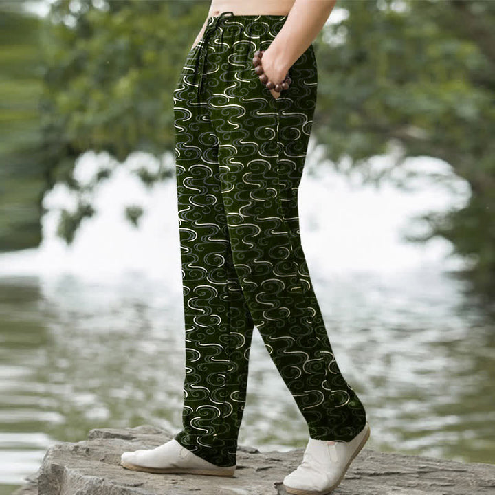 Buddha Stones Cotton White Wave Pattern Men's Tapered Pants With Pockets - image 5