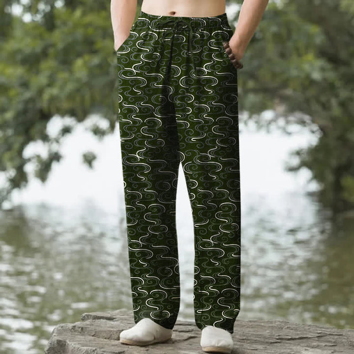 Buddha Stones Cotton White Wave Pattern Men's Tapered Pants With Pockets - DarkOliveGreen - US/UK/AU50，EU60 (5XL) - image 4