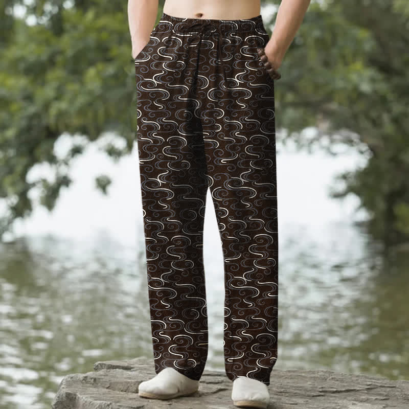 Buddha Stones Cotton White Wave Pattern Men's Tapered Pants With Pockets - SaddleBrown - US/UK/AU50，EU60 (5XL) - image 6