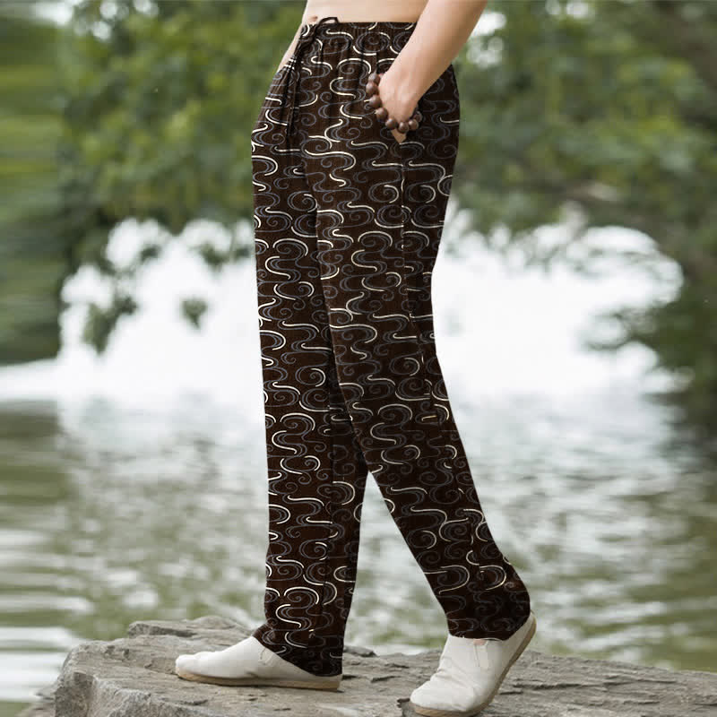 Buddha Stones Cotton White Wave Pattern Men's Tapered Pants With Pockets - image 7