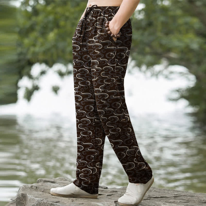 Buddha Stones Cotton White Wave Pattern Men's Tapered Pants With Pockets - image 7