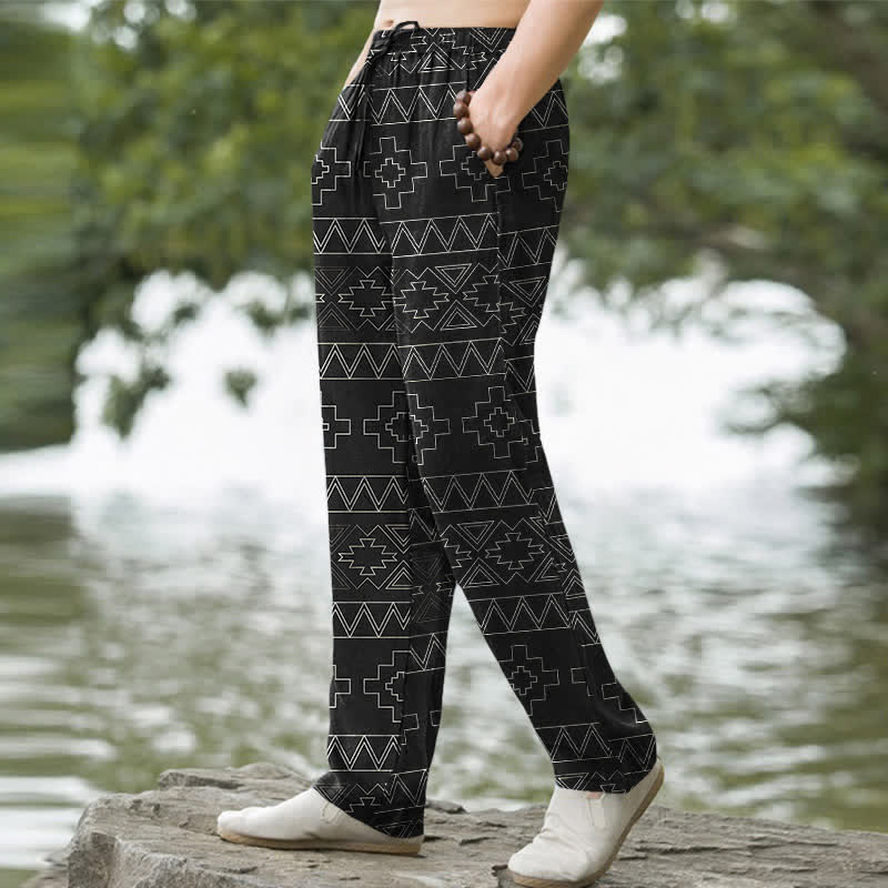 Buddha Stones Cotton Tribal White Geometric Pattern Men's Tapered Pants With Pockets - image 1