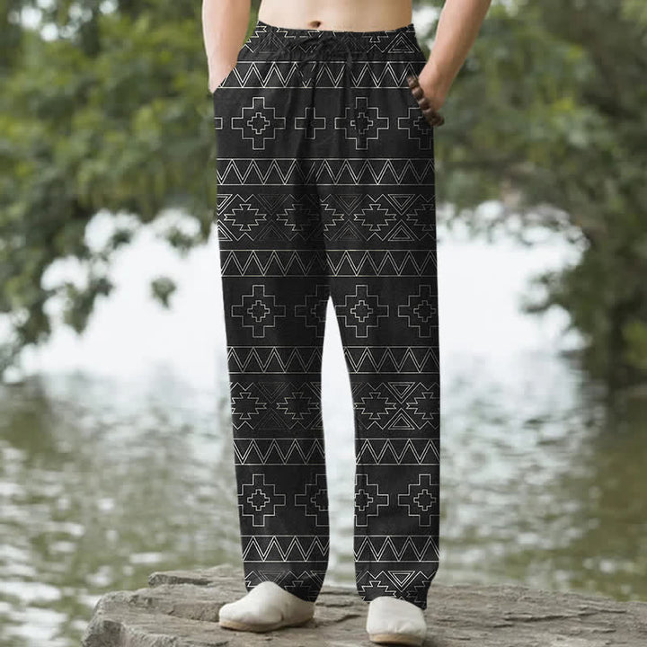 Buddha Stones Cotton Tribal White Geometric Pattern Men's Tapered Pants With Pockets - Black - US/UK/AU50，EU60 (5XL) - image 0