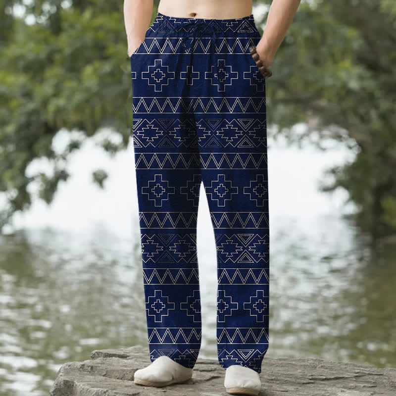 Buddha Stones Cotton Tribal White Geometric Pattern Men's Tapered Pants With Pockets - Navy - US/UK/AU50，EU60 (5XL) - image 4
