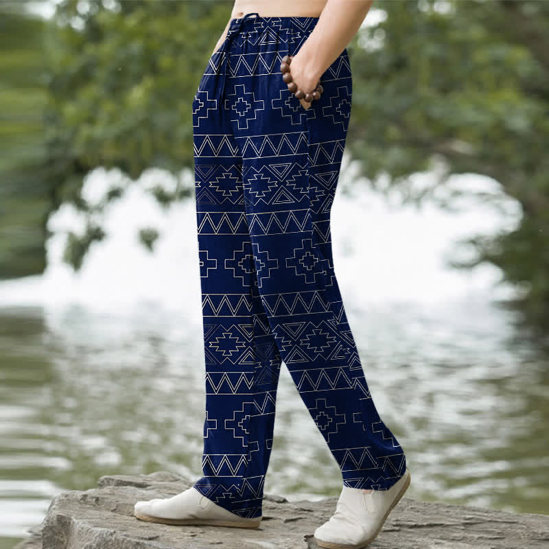 Buddha Stones Cotton Tribal White Geometric Pattern Men's Tapered Pants With Pockets - image 5