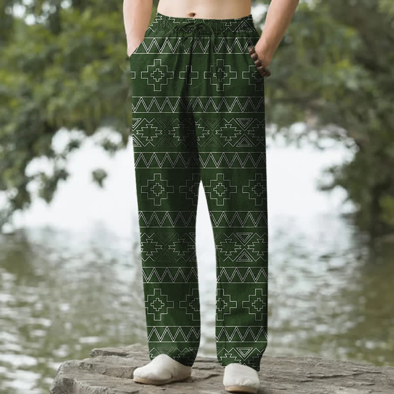 Buddha Stones Cotton Tribal White Geometric Pattern Men's Tapered Pants With Pockets - ForestGreen - US/UK/AU50，EU60 (5XL) - image 6
