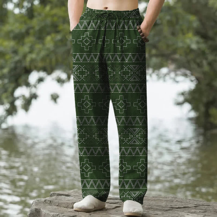 Buddha Stones Cotton Tribal White Geometric Pattern Men's Tapered Pants With Pockets - ForestGreen - US/UK/AU50，EU60 (5XL) - image 6