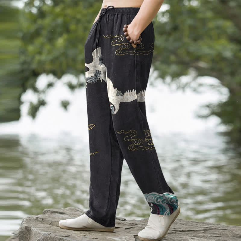 Buddha Stones Cotton Crane Cloud And Ocean Wave Pattern Men's Tapered Pants With Pockets - image 1