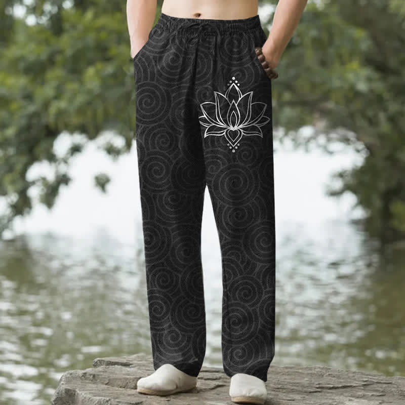 Buddha Stones Cotton White Lotus Spiral Pattern Men's Tapered Pants With Pockets - Black - US/UK/AU50，EU60 (5XL) - image 0