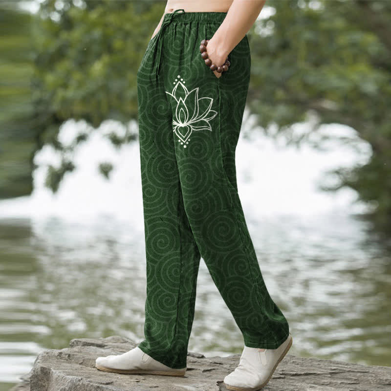 Buddha Stones Cotton White Lotus Spiral Pattern Men's Tapered Pants With Pockets - image 5