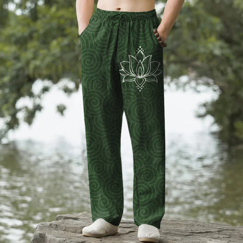 Buddha Stones Cotton White Lotus Spiral Pattern Men's Tapered Pants With Pockets - ForestGreen - US/UK/AU50，EU60 (5XL) - image 4