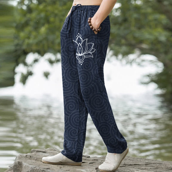 Buddha Stones Cotton White Lotus Spiral Pattern Men's Tapered Pants With Pockets - image 7
