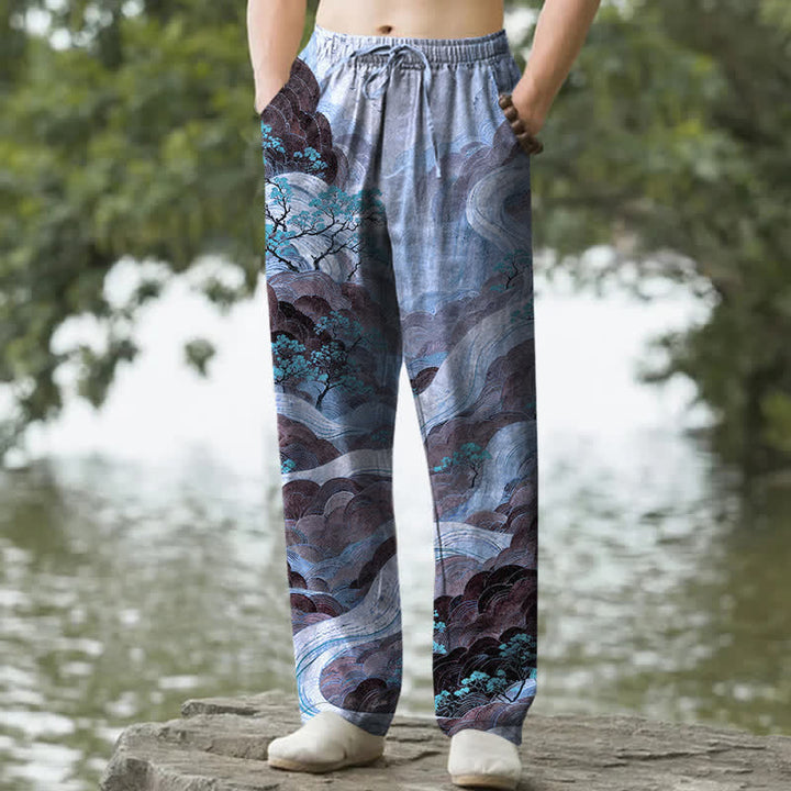 Buddha Stones Cotton Floral Mountain And River Pattern Men's Tapered Pants With Pockets - CornflowerBlue - US/UK/AU50，EU60 (5XL) - image 4