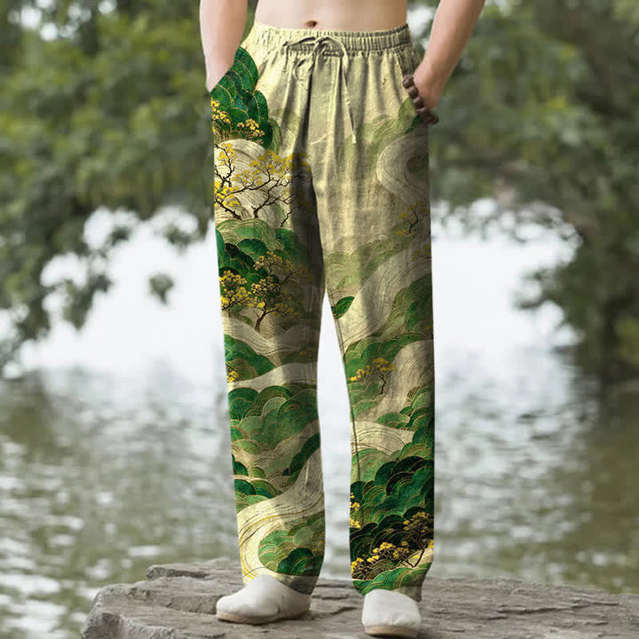 Buddha Stones Cotton Floral Mountain And River Pattern Men's Tapered Pants With Pockets - YellowGreen - US/UK/AU50，EU60 (5XL) - image 6