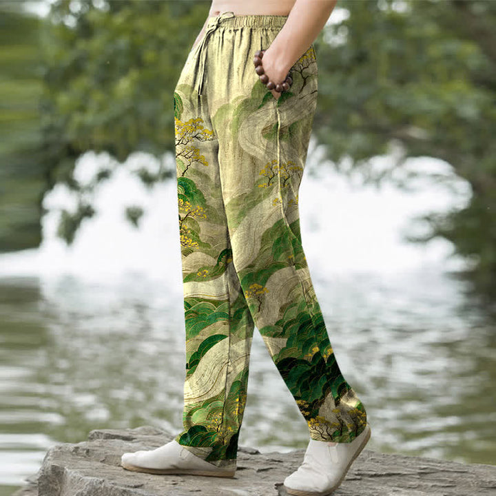 Buddha Stones Cotton Floral Mountain And River Pattern Men's Tapered Pants With Pockets - image 7