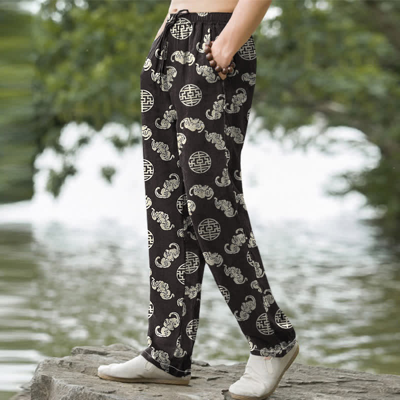 Buddha Stones Cotton Longevity Cloud Round Emblem Pattern Men's Tapered Pants With Pockets - image 1