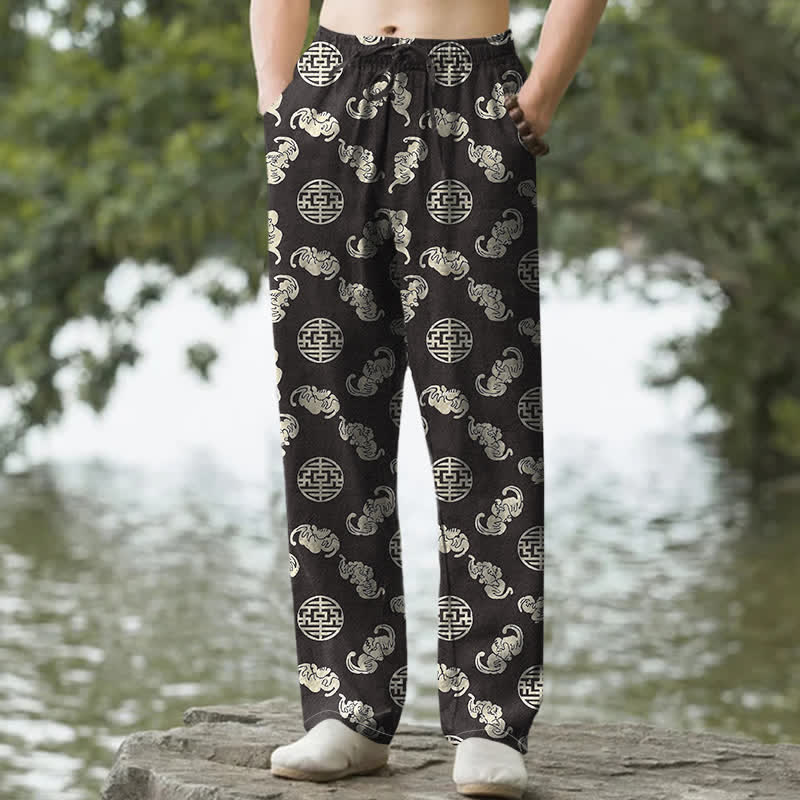 Buddha Stones Cotton Longevity Cloud Round Emblem Pattern Men's Tapered Pants With Pockets - Black - US/UK/AU50，EU60 (5XL) - image 0