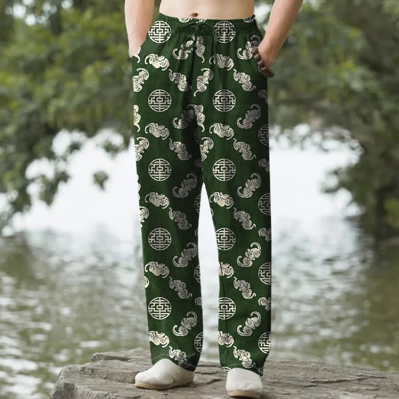 Buddha Stones Cotton Longevity Cloud Round Emblem Pattern Men's Tapered Pants With Pockets - ForestGreen - US/UK/AU50，EU60 (5XL) - image 4